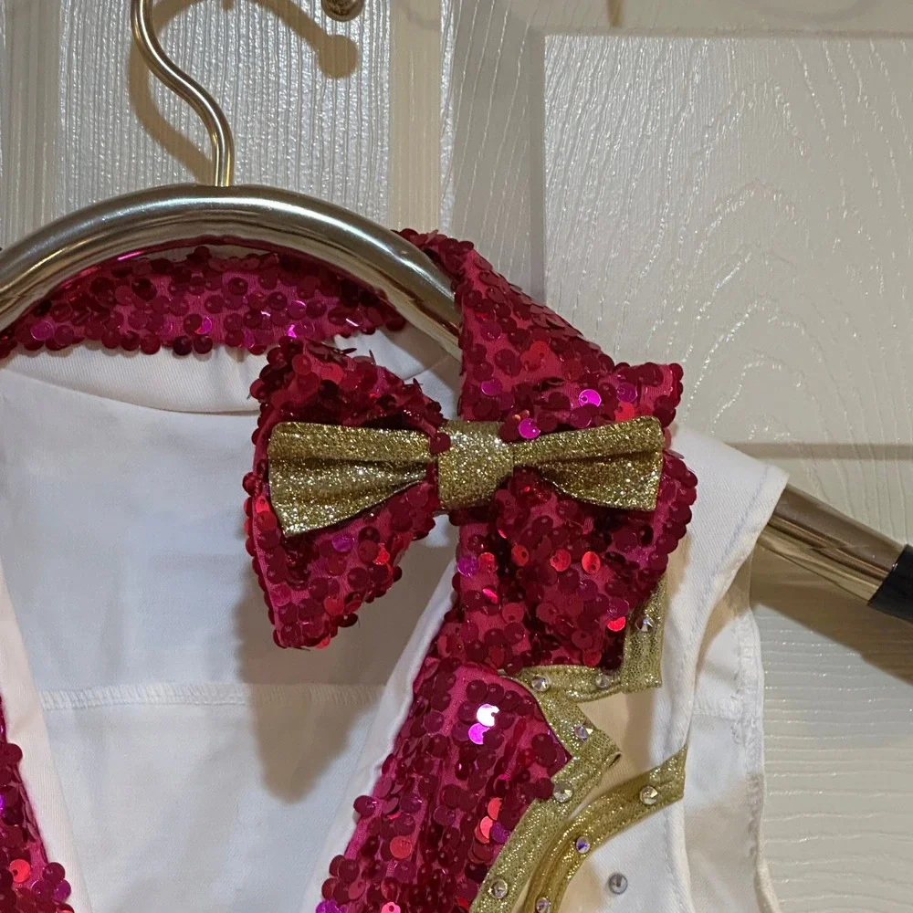 Weissman‎ Girls Dance Vest Pink Sequin Gold Trim Rhinestone LC Large Child Bow